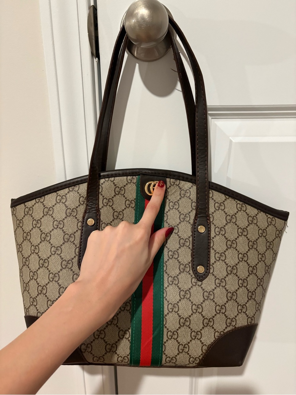 Brown GG Canvas Tote with Green & Red Stripe